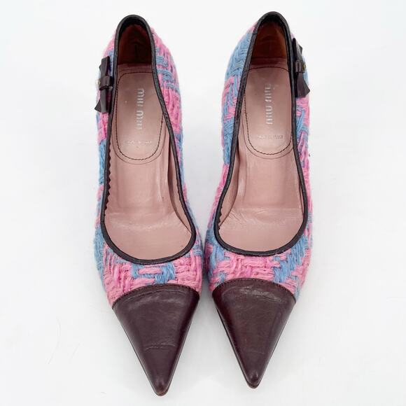 Vintage Miu Miu Pink Blue Woven Brown Leather Bow Detail Pointed Toe Heels IT 38 - Picture 5 of 11